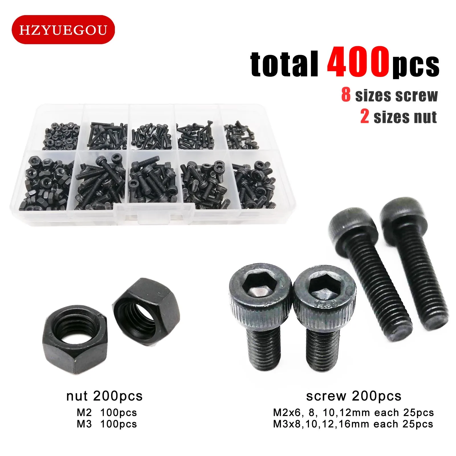 400pcs M2 M3 10 Sizes Allen Hexagon Hex Socket Head Cap Screw Bolt Hex Nut Set Mix Assortment Kit Box Black Grade 12.9 Steel
