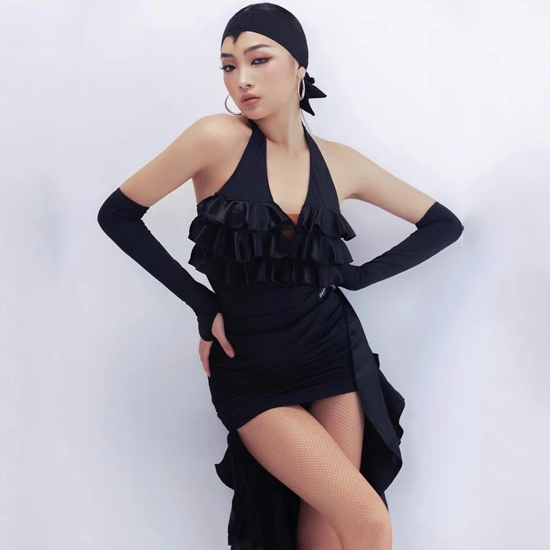 2023 Sexy Hanging Neck Bodysuit Black Irregular Skirts Suit Performance Dress Women Chacha Tango Latin Dance Competition Clothes