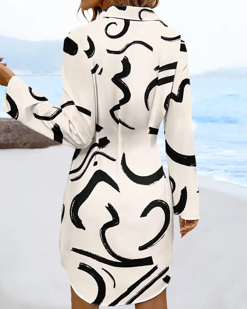 

Womens Dresses 2025 Spring New Fashion Abstract Print Turn-Down Collar Long Sleeve Casual Cinch Waist Daily Mini Shirt Dress