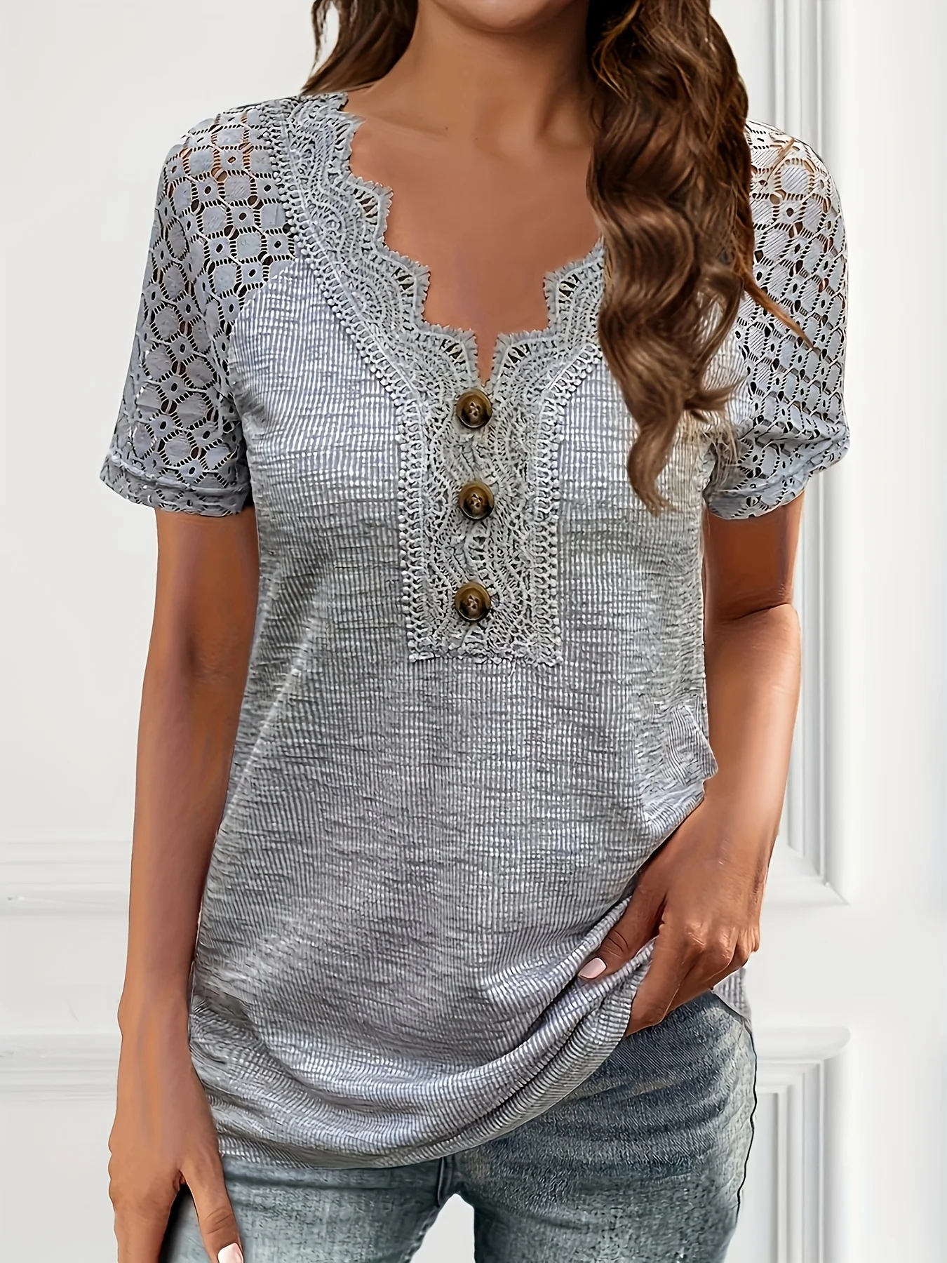 

Women Plus Size Short Sleeve T shirt Lace V-Neck Hollow Out Solid Vintage Button Casual Basic Summer T shirts for Women 2024