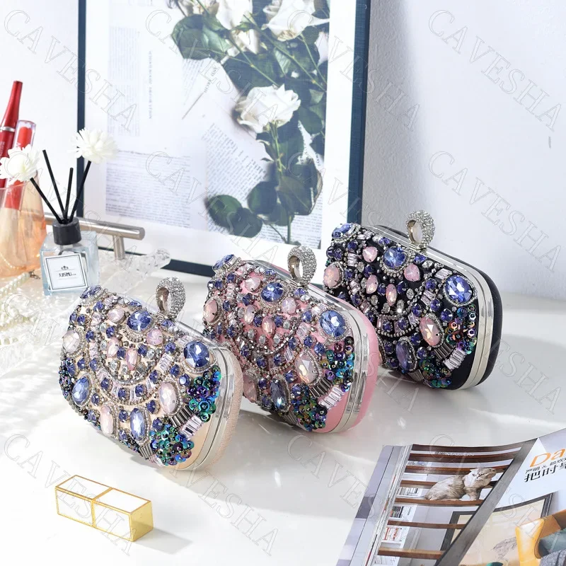 Luxury Crystal Evening Clutch Bag Sparkling Jeweled Ring Handle Purse Vintage Socialite Chain Shoulder Handbag Wedding Banquet