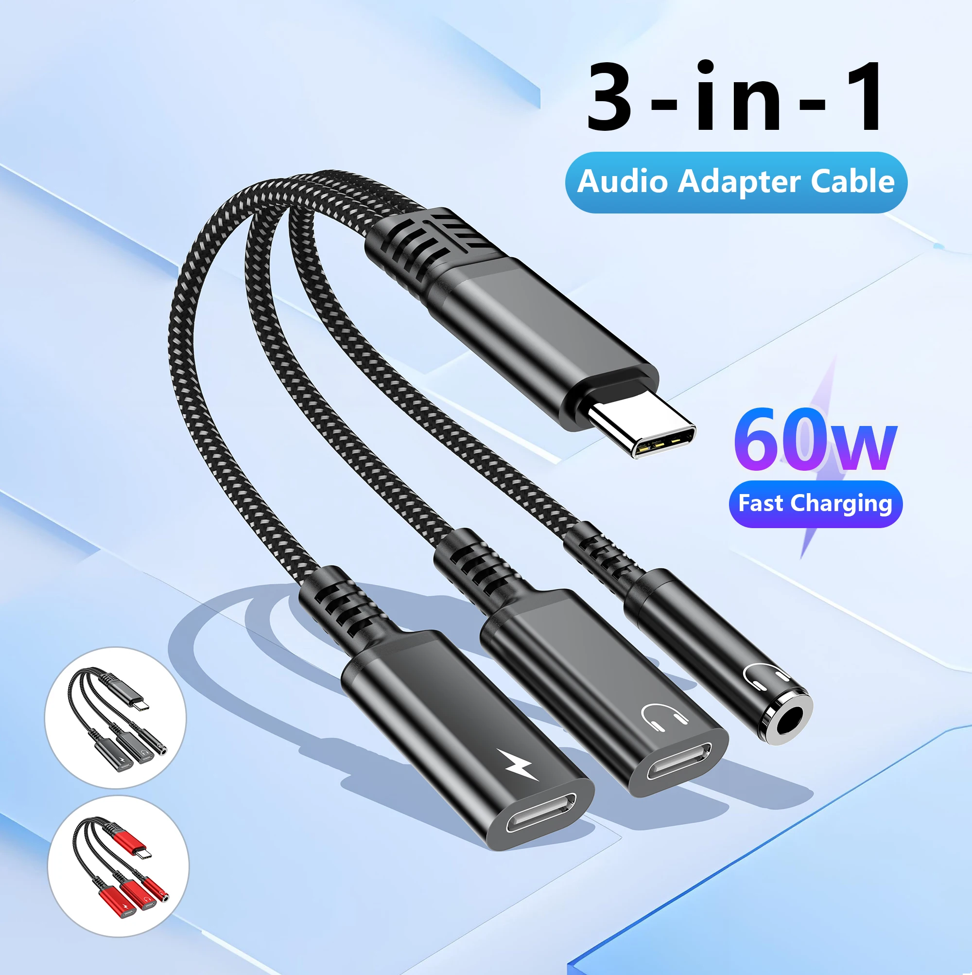 3 in 1 Type C To Dual Type C/3.5mm Jack Audio Adapter Cable 60W Fast Charging Type C Headphone Adapter For iphone 15 16 Samsung