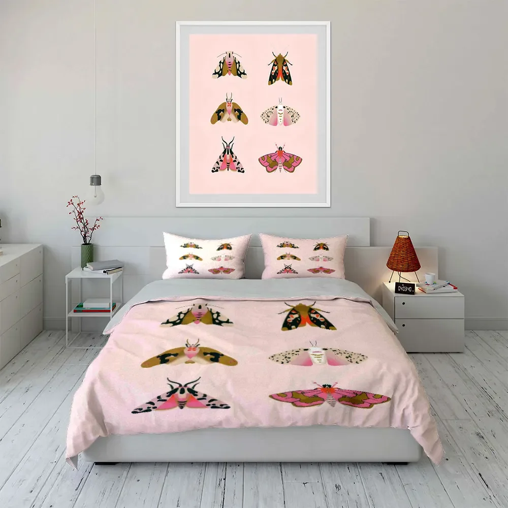 Colorful Moth Decor Set Bedding Set with 1 Duvet Cover 2 Pillowcases Single Double King Queen, Gift