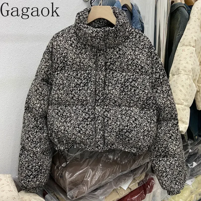 Gagaok Korean Style Parkas Sweet Floral Printed Stand Collar Zipper Cardigan Jackets Women Winter Clothes Top Ropa Mujer