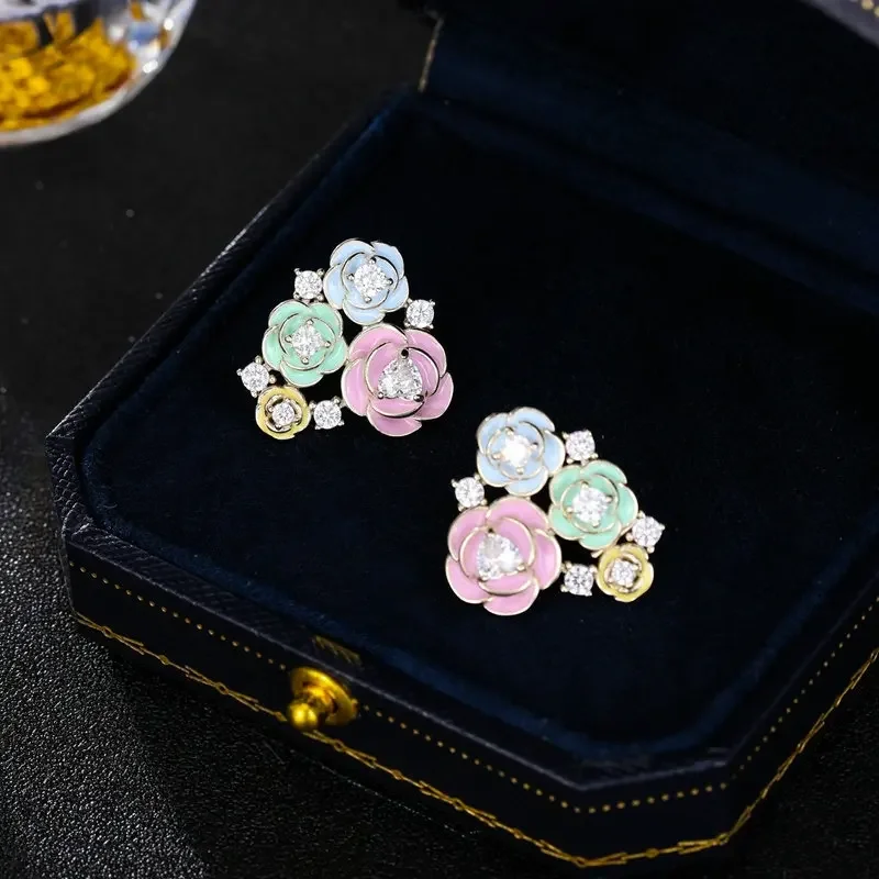 

s925 Silver Needle Sweet temperament Super Fairy Princess Wind earrings French romantic drop oil flower earrings