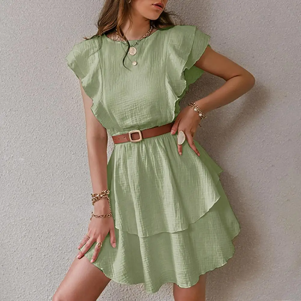 Ladies Dress O Neck Elastic Solid Color Mid-length Layered Tight Waist Women Sleeveless Summer Ruffled Dress Vestidos