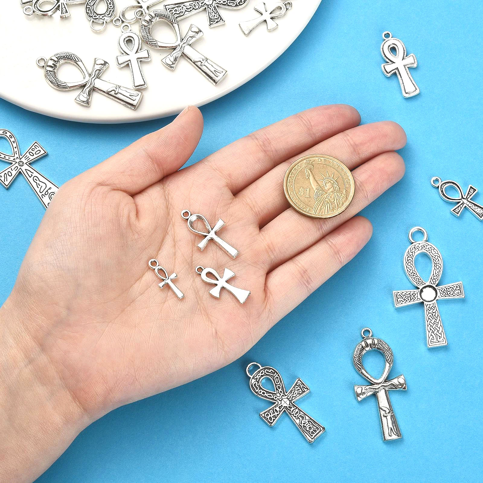 PandaHall 50 Stück 10 Stile Ägyptische Spirituelle Anhänger Ankh-Kreuz-Charms für DIY Schmuckherstellung Armband Halskette – Detail 4