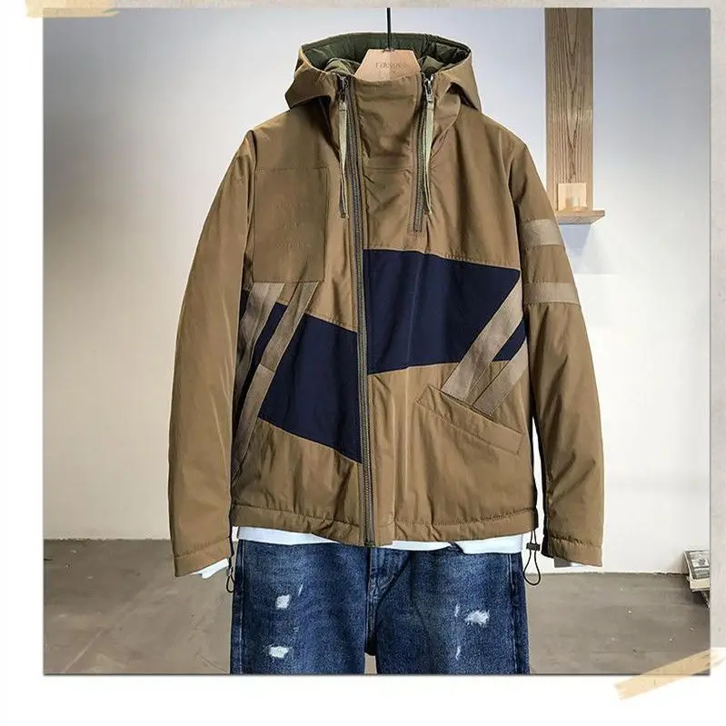 Fashionable Hooded Men's Jacket Winter Contrast Color Splicing Zipper Anti-Cold Stylish Waterproof Cotton Casual Loose Fit