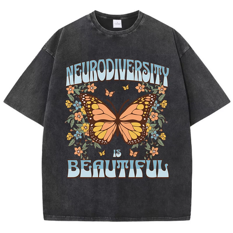 Neurodiversity Is Beautiful Cotton Washed T Shirts Women Butterfly Prints T-Shirt Soft Oversize O-Neck Tops Trend Woman Clothes