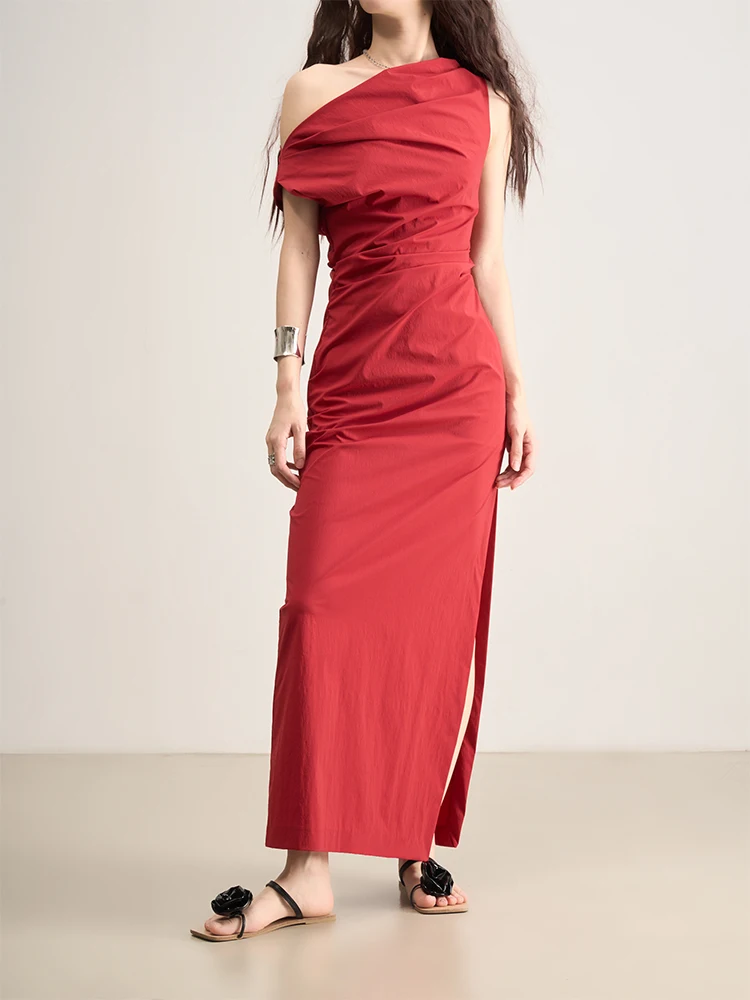 

LANVIVIER Sculpture Artist Irregular oulder Side Slit Wide Red Dr Casual Sle No Sve Waist Cinched Busin Suitable