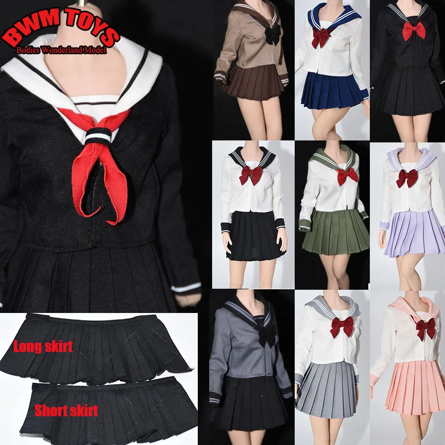 

10 Colors 1/6 Female Soldier School Sailor Uniform Long Sleeves Top Pleated JK Skirt Outfits with Bow Tie for 12‘’ Action Figure