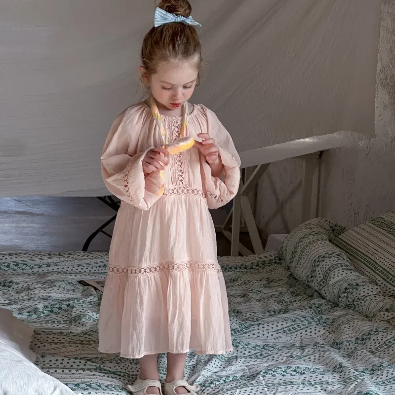 

European Style Girls Dress 2025 Spring Elegant Lace Princess Girl Dress Sweet Girls Long Dress Ruffle Kids Dress For Girls