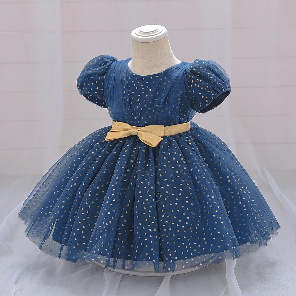 Polka Dot Tulle Girl Dresses Short Sleeve Bow 1 Years Birthday Tutu Evening Party Princess Dress for Baby Wedding Costumes Gown