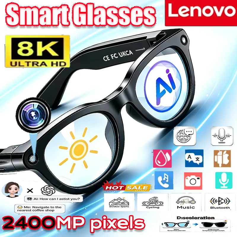Lenovo NEW 8K 2400MP AI Smart Glasses Eyewear Bluetooth Conversation Translation Recording Listening To Music Smart Sunglasses