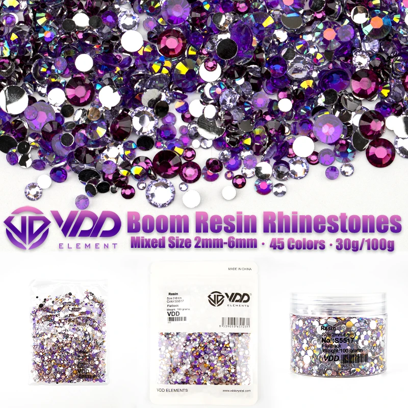 VDD 30/100g Neue Mischgröße 2-6mm Harz-Strasssteine Kristallfarbe AB Flache Rückseite für DIY-Bastelarbeiten, Nagelkunst-Dekorationen, Großhandel – Detail 1
