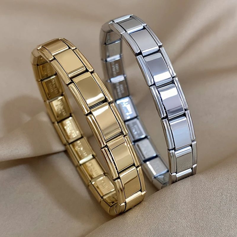 FTCY 2 PCS 9 mm Stainless Steel Gold Plating Bracelets for Women Men Elastic DIY Modular Bracelet Jewelry Gi