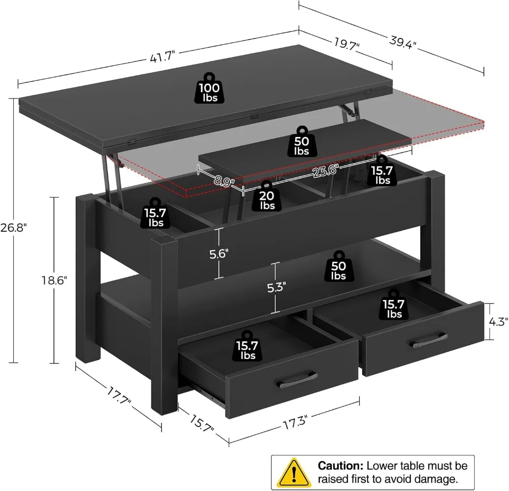 Coffee Table Lift Top, Multi-Function Convertible Coffee Table with Drawers and Hidden Compartment, Coffee Table Converts