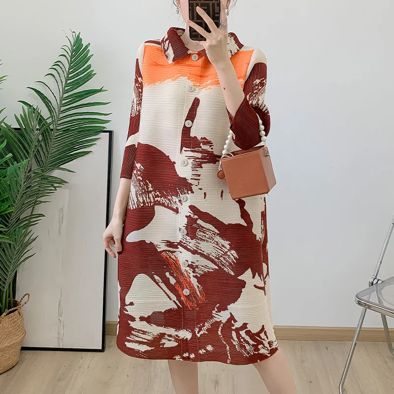 Miyake Factory Direct Sales 2025 Spring And Summer New Pleated Fashion Print Cardigan Lapel Dress Women Casual Dress