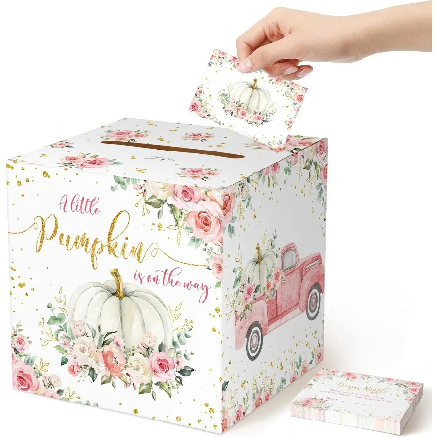 51 Pcs Thanksgiving Pumpkin Diaper Raffle Card Box with Diaper Raffle Tickets Insert Card Little Pumpkin Is on The Way for Baby