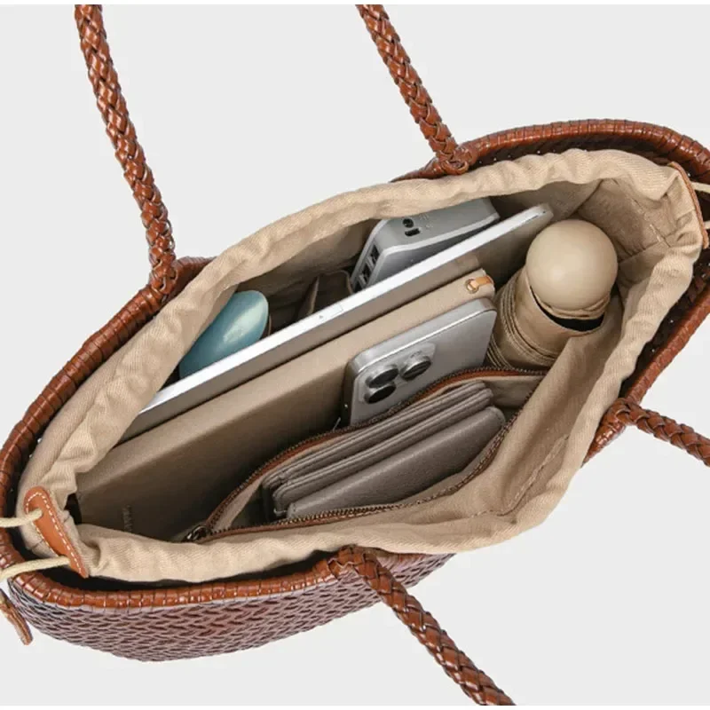Brand Hand-woven Tote Bag French Genuine Leather Large Vegetable Basket Bag With Woven Inner Pocket Shoulder Underarm Tote Bag view 6