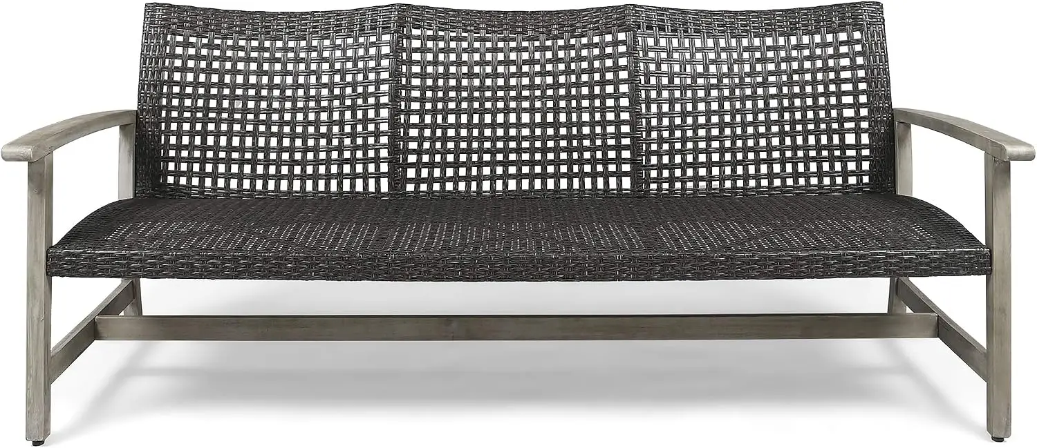Great Deal Furniture Marcia Outdoor Wood and Wicker Sofa, Light Gray Finish with Mix Black Wicker,Mixed Black, Light Gray Wash F
