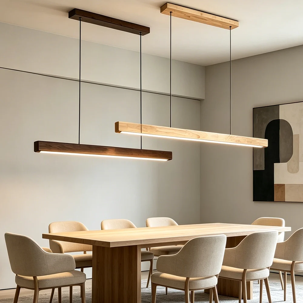 Modern Nordic LED Pendant Light Dining Table Lamp Wood Long Strip Suspension Chandelier for Living Dining Room Lighting Fixture