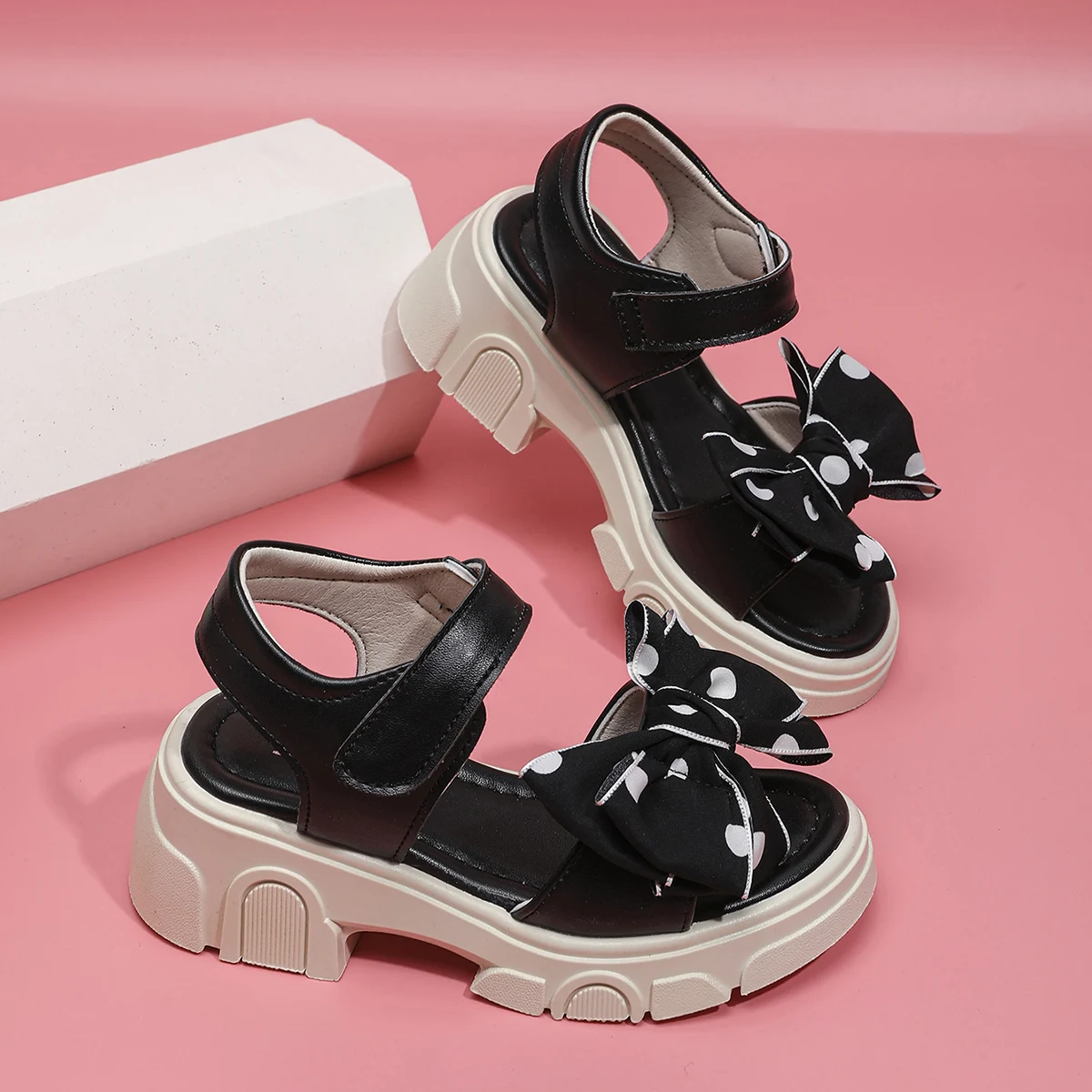Comfy Kids Girls Black Thick Bottom Sandals with Polka Dot Bow Magic Tape Soft Shock Absorption Lightweight Shoes for Summer Dai