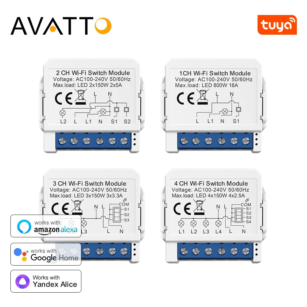 AVATTO Tuya WiFi 1/2/3/4 Gang Smart Light Switch Module，Mini DIY Breaker Smart Life Timer Module Works With Alexa, Google Home 