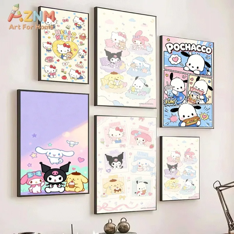 Sanrio Hello Kitty Pochacco Cinnamoroll Cute Cartoon Canvas Wall Art No Frame Single Canvas Painting Poster Girls Bedroom Home