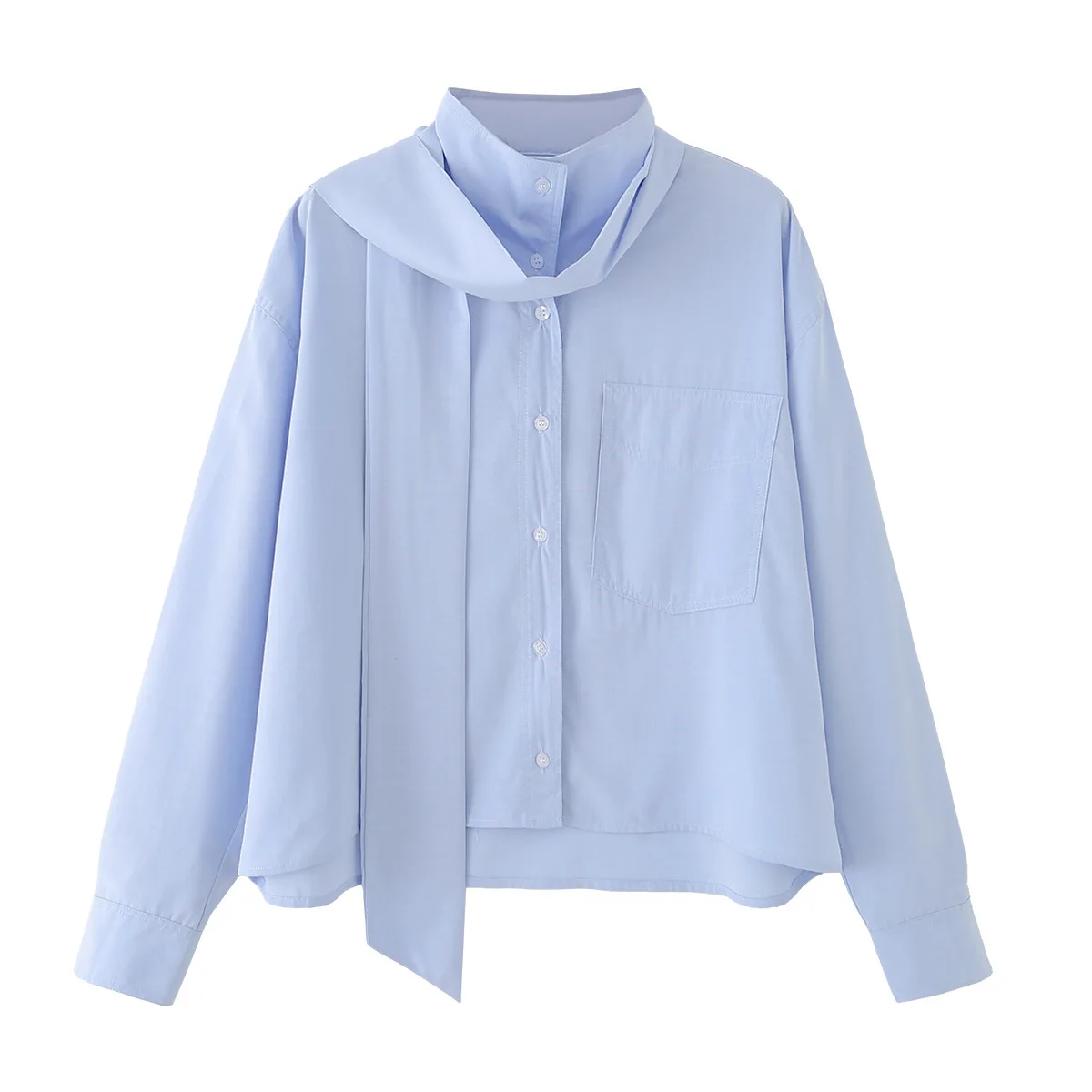 Women's Fashionable Casual Cotton High-Neck Shirt with Bow Decoration