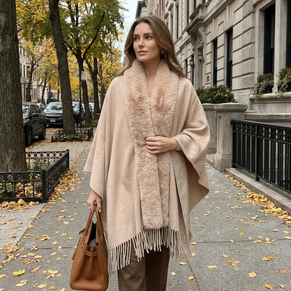 Chic Oversized Faux Fur Collar Shawl Soft Warm Lining Oversized Warm Cape Solid Color Polyester Wrap Poncho Indoor