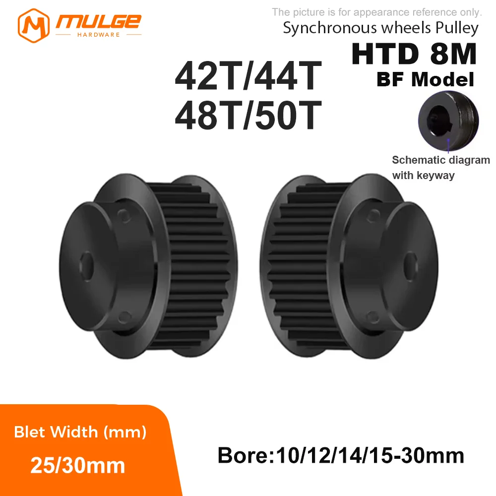 HTD 8M Timing Pulley 40T/44T/48T/50Teeth BF type 45# Steel HTD 8M Synchronous Wheel Bore 10-30mm for Belt Width of 25/30mm