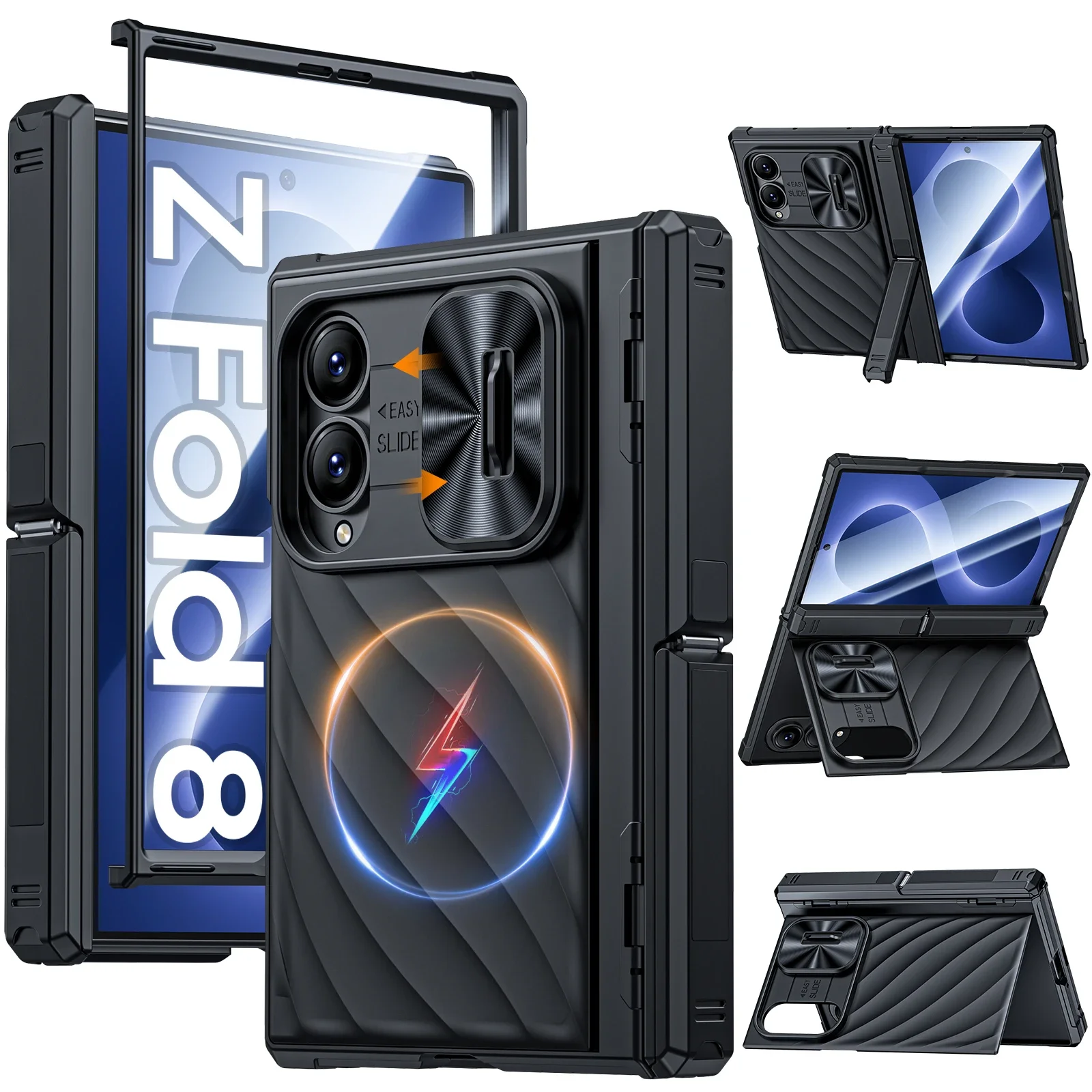 Hülle für Samsung Galaxy Fold 8, mit integriertem Displayschutz aus gehärtetem Glas, mit Magnetfunktion, schlanke, durchscheinende, matte Hülle – Schwarz.