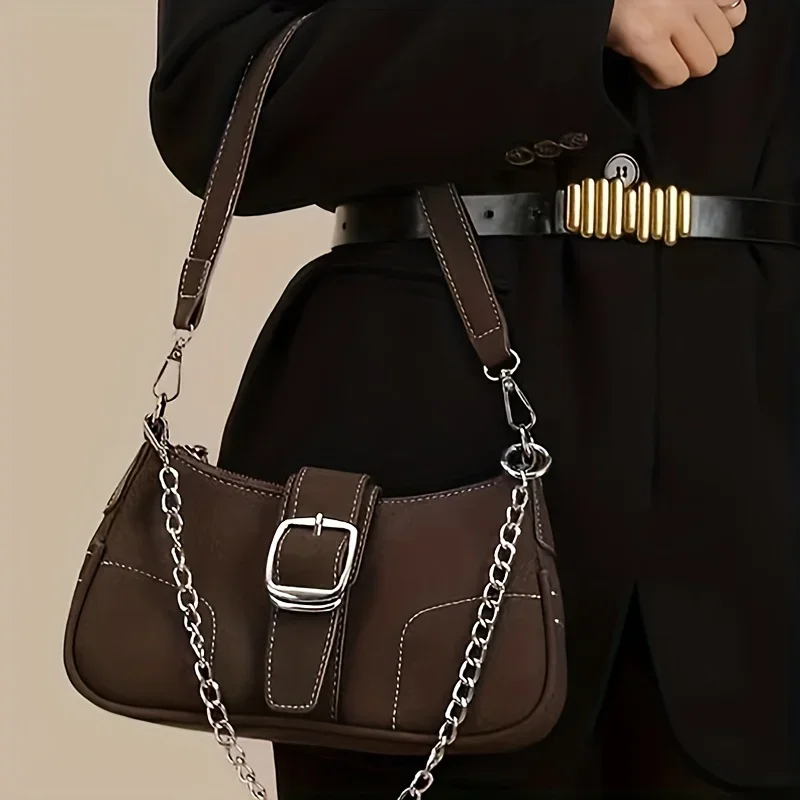 Style  Bag, Trendy Chain Crossbody Bag, Buckle Decor Underarm Purse For Women