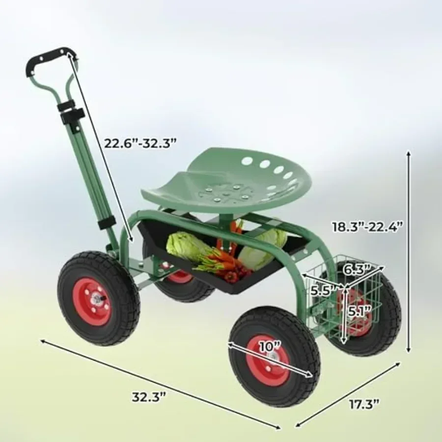 Garden Cart with Wheels Height Adjustable Rolling Work Seat360 Swivel Green