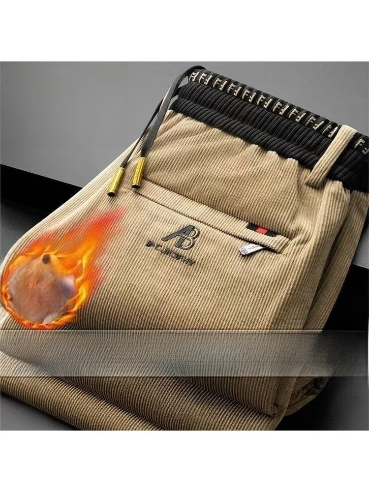Men's Winter Casual Corduroy Pants Loose Straight Leg Elastic Sports Trousers Thickened Fleece Youth Fashion Wear Resistant