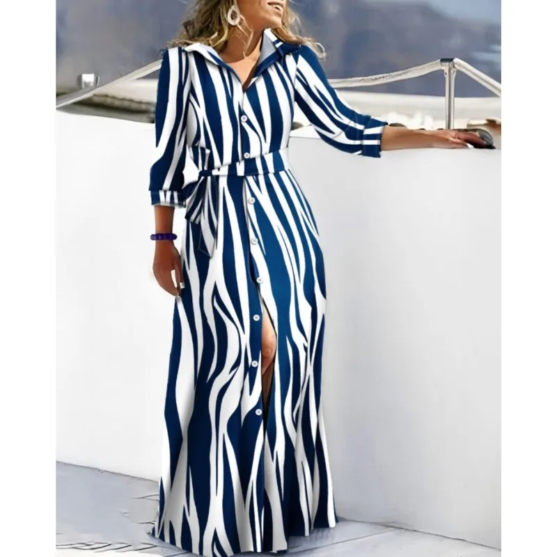 レディース長袖シャツワンピース 2025年春ファッション ターンダウンカラー レースアッププリント マキシ丈ローブ 女性用 シングルブレスト 新作