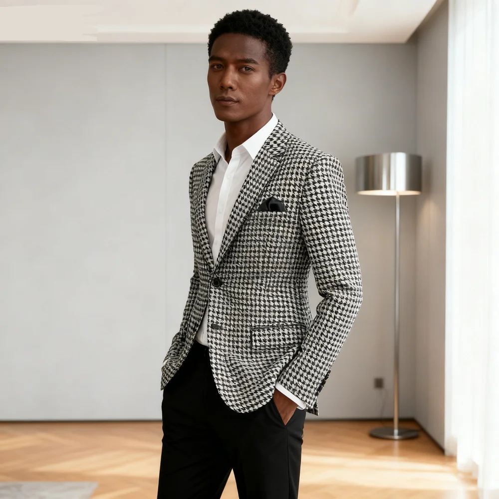 

Men's Houndstooth Slim Fit Tuxedo Jacket American Style Blazer for Wedding Checkered Suit Lapel Blazer 1 Piece