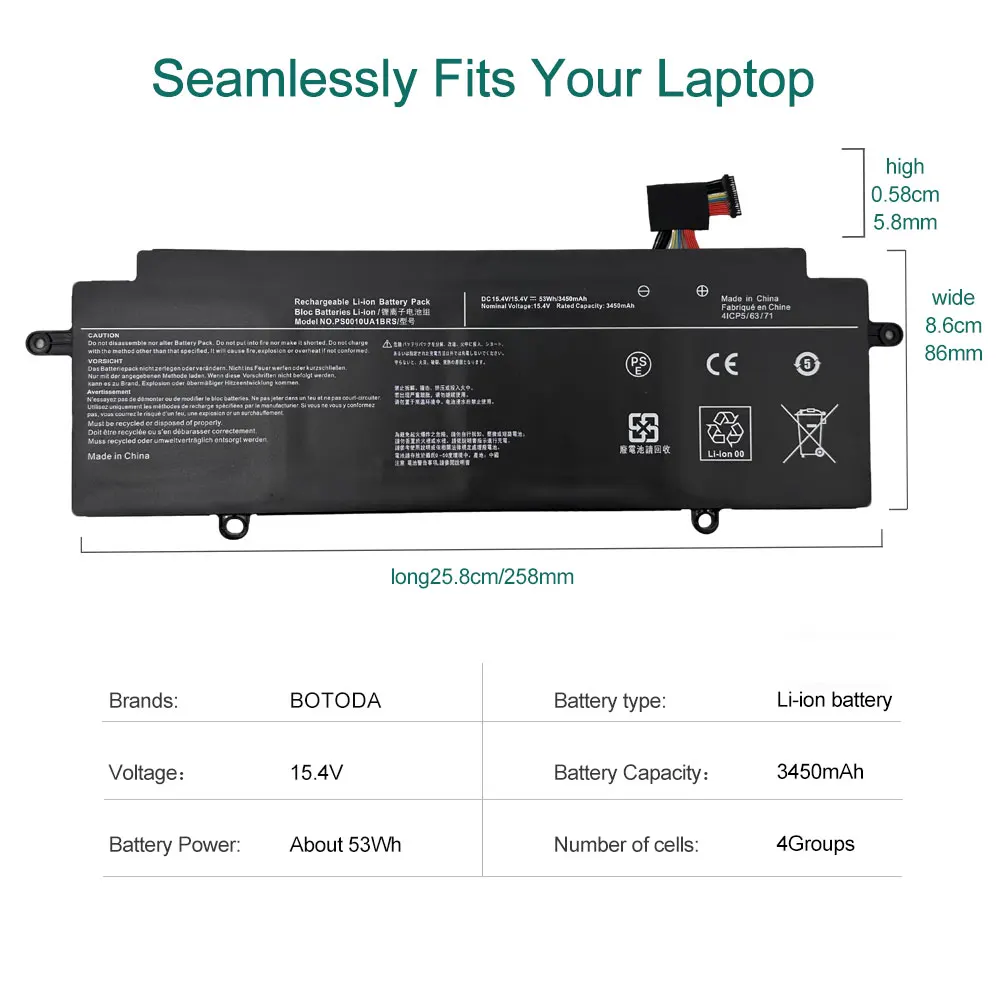 BOTODA PS0010UA1BRS Laptop Battery 15.4V 53Wh -3450mAh For Toshiba Dynabook Portege X30W X30W-J Series Notebook PS0010UA-1BRS