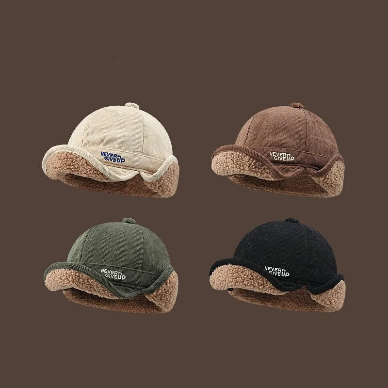 Winter Lamb Wool Warm Ear Protection Baseball Cap Men and Women Niche Fashion Letter Embroidered Corduroy Soft Brim Flying Hat