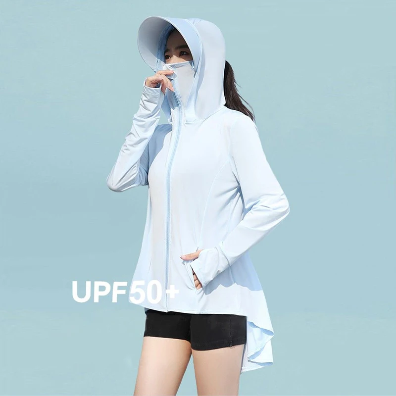 UV Resistant Hooded Zipper Front Short And Back Long Pockets Sunscreen Shirt Long Sleeve Summer Women Clothing Casual Solid Coat