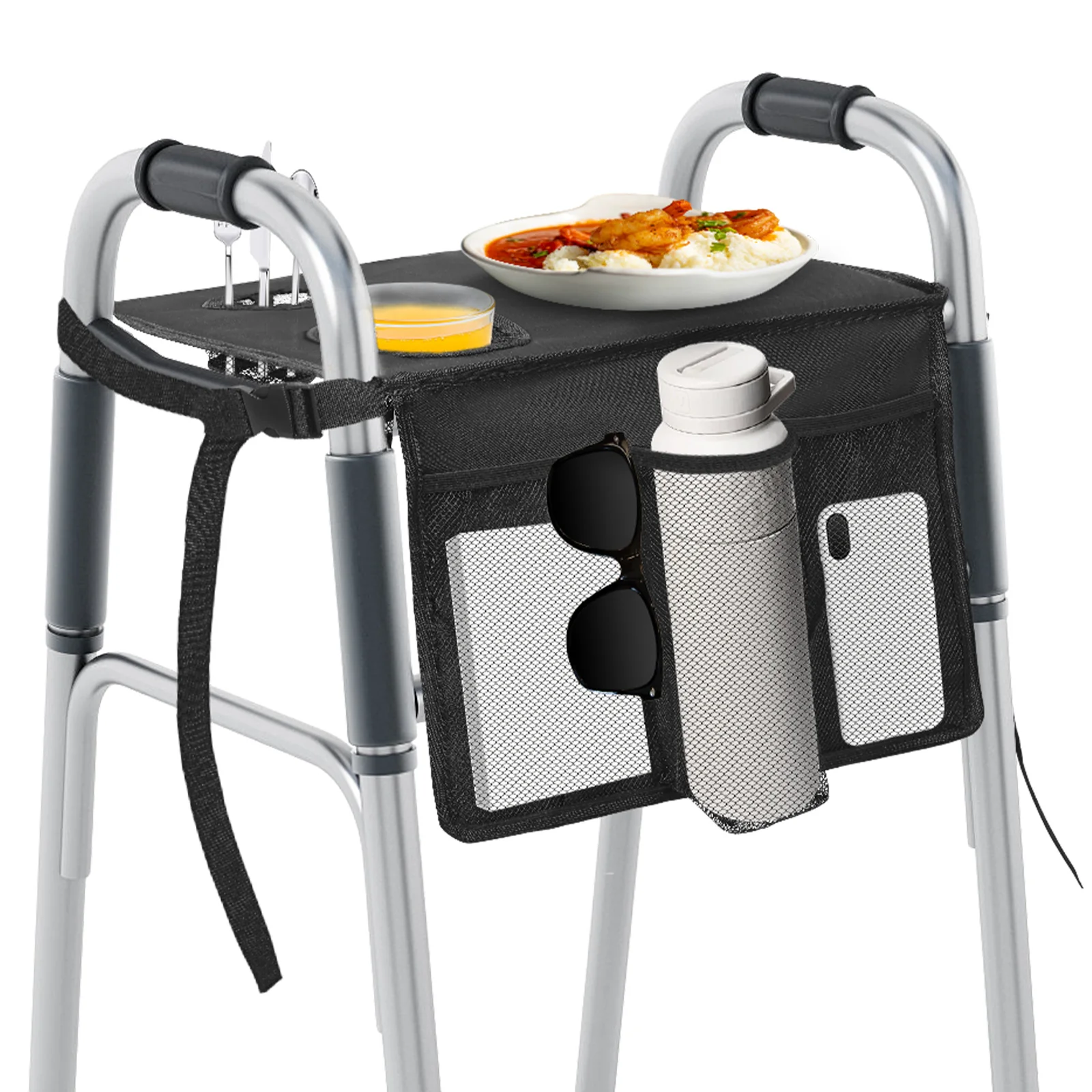 Folding Walker Tray with Cup Holder Multi Pocket Rollator Storage Bag Dinner plate for Elderly Present