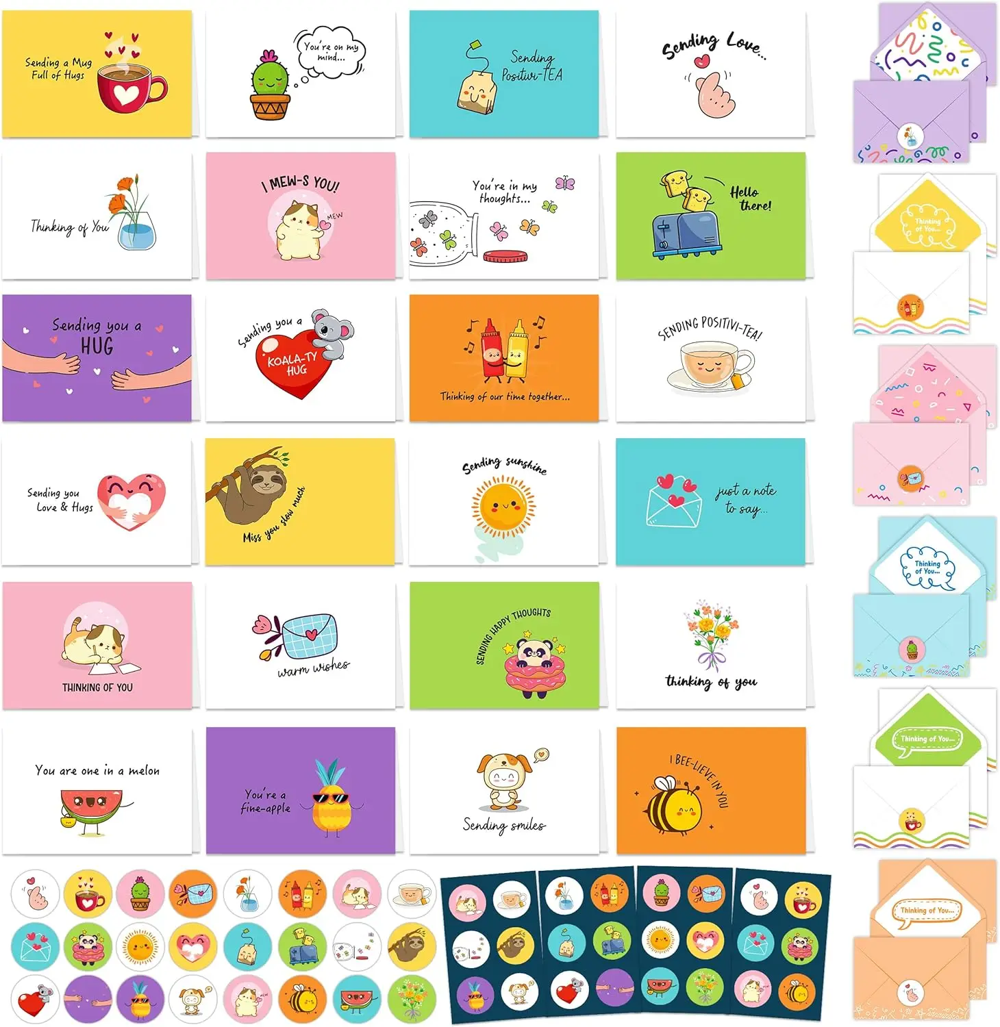 

24 Pack Assorted 6x4in Funny Thinking of You Cards with Envelopes and Stickers, 24 Unique Fun Designs Funny Cards with Envelopes