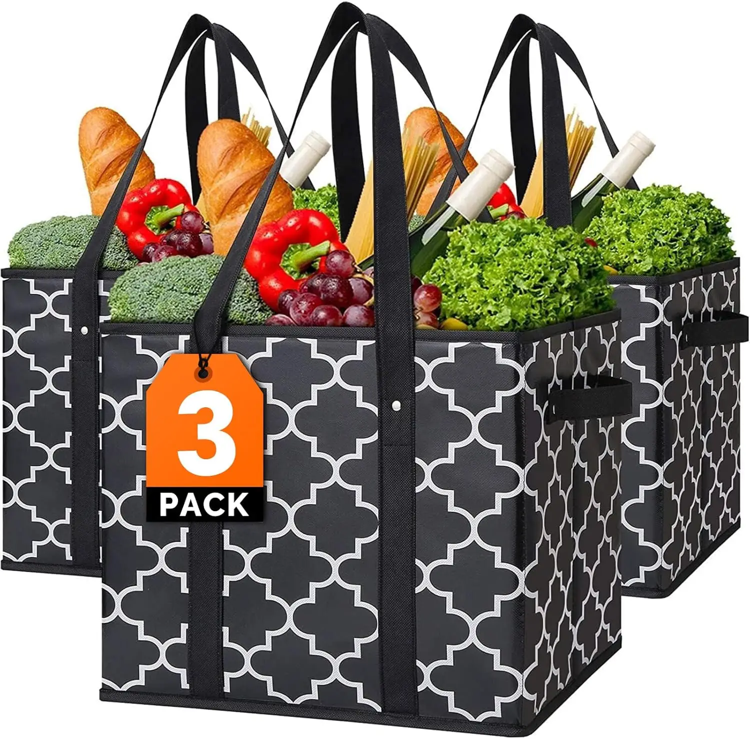 

Foldable Reusable Grocery Bags 3-Pack, Large Water-Resistant Storage Bins with Handles