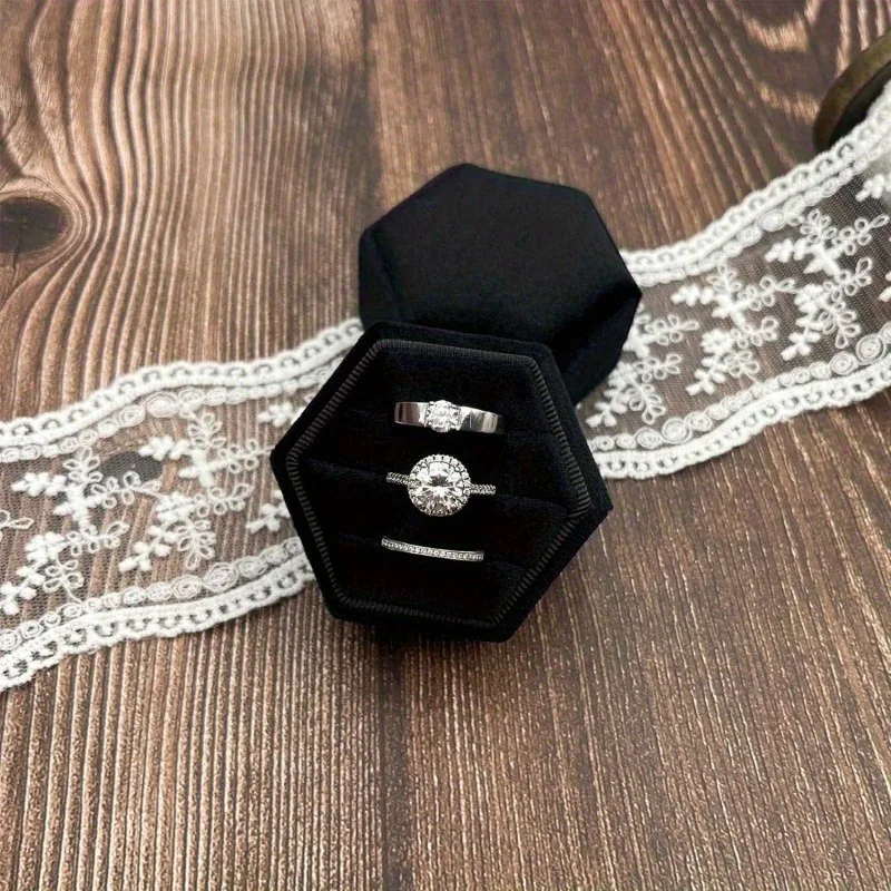 1pc Hexagon Ring Box 3 Slots - Velvet Premium Wedding Ring Bearer Box Handmade Vintage Three Rings Holder for Proposal