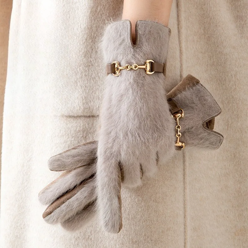 Rabbit Fur Winter Warm Gloves for Women Thickened Riding Fleece-Edged Cold-Proof Outdoor Windproof Touchscreen Gloves