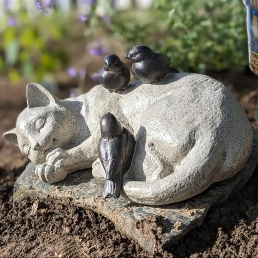 

Sleeping Cat Garden Statues Outdoor - 12" Sparrows On Cat Figurine Memorial Statue Grave Markers Garden Resin Statues for Outdo