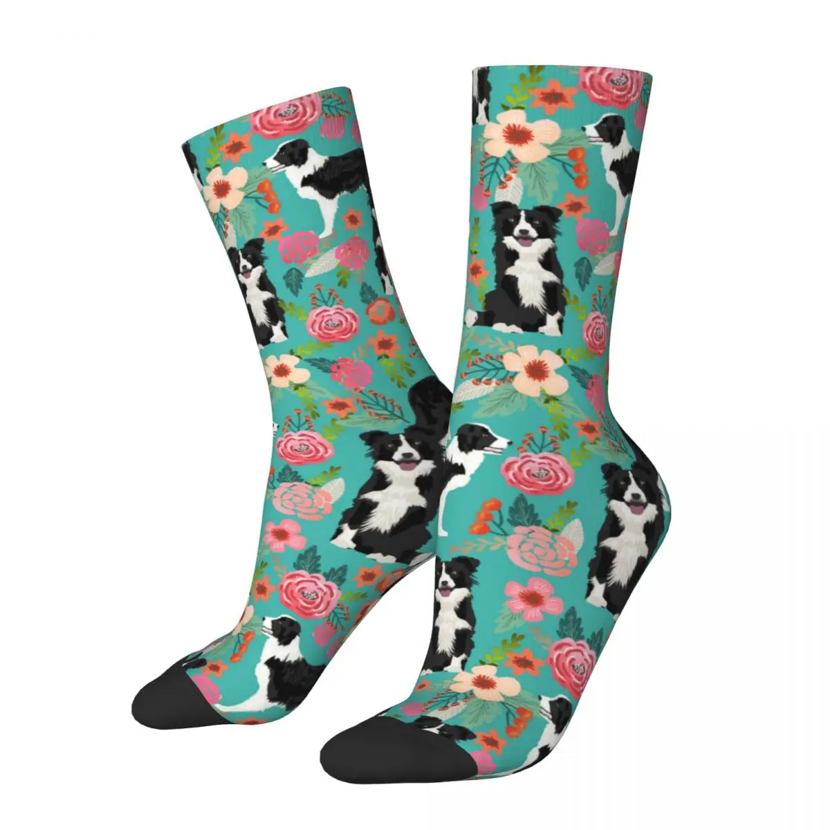 

Colorful Border Collie Dog Vintage Florals Football Socks Animal Polyester Crew Socks for Unisex Sweat Absorbing