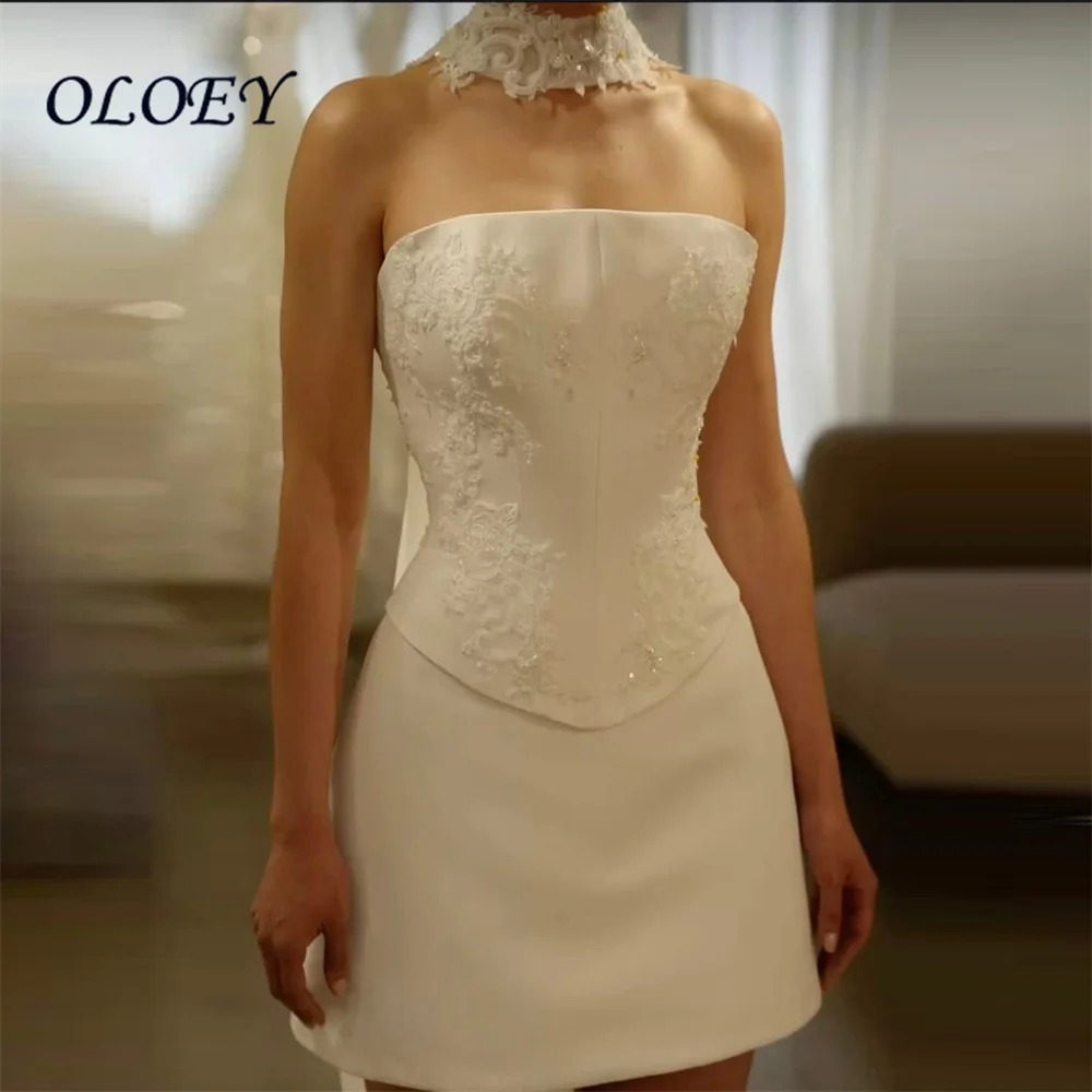 OLOEY Customized 2026 Wedding Dress Sexy Strapless Sleeveless Applique Bride Mini Corset Bridal Gown Robe Mariée Vintage