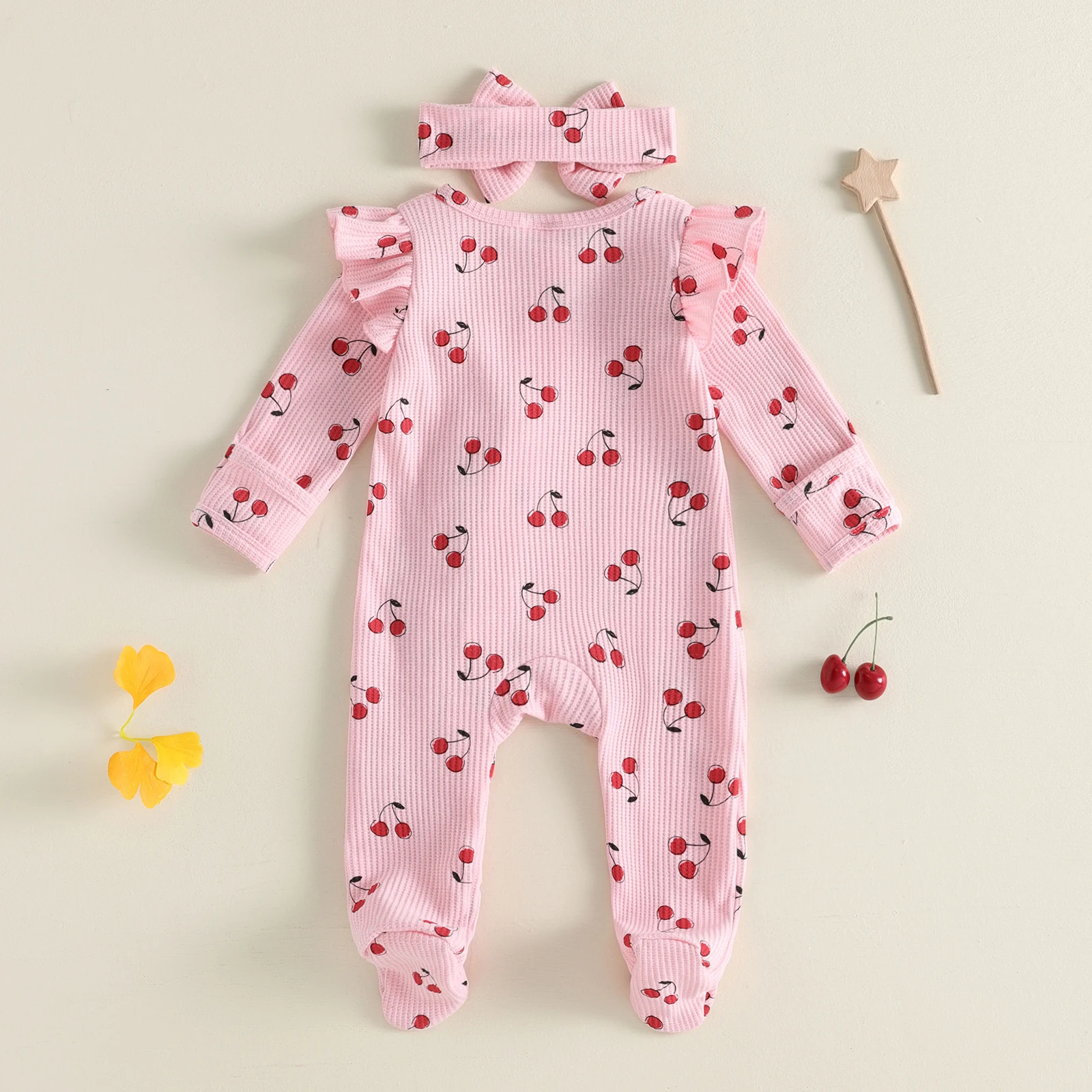 Sweet Baby Girls Fall Footed Romper Cherry Print Long Sleeve Ruffled Jumpsuits Outwear